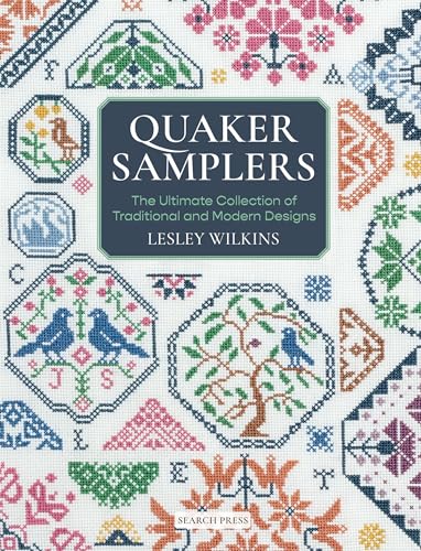 Book cover featuring colorful cross-stitch patterns of birds, trees, and geometric shapes on fabric.