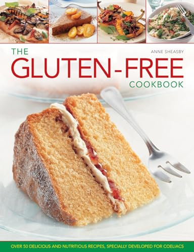 Cookbook cover featuring sliced cake, fruit, and text: "The Gluten-Free Cookbook".