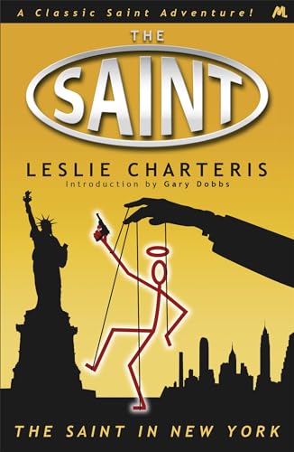 Book cover: "The Saint in New York" with Statue of Liberty and puppet.