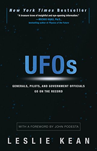 Book cover for “UFOs” by Leslie Kean, featuring large white text on dark blue.