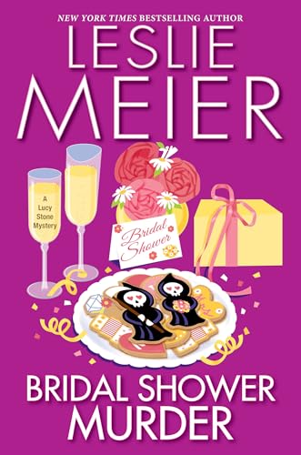 Book cover: “Bridal Shower Murder” with champagne, flowers, and cookies.