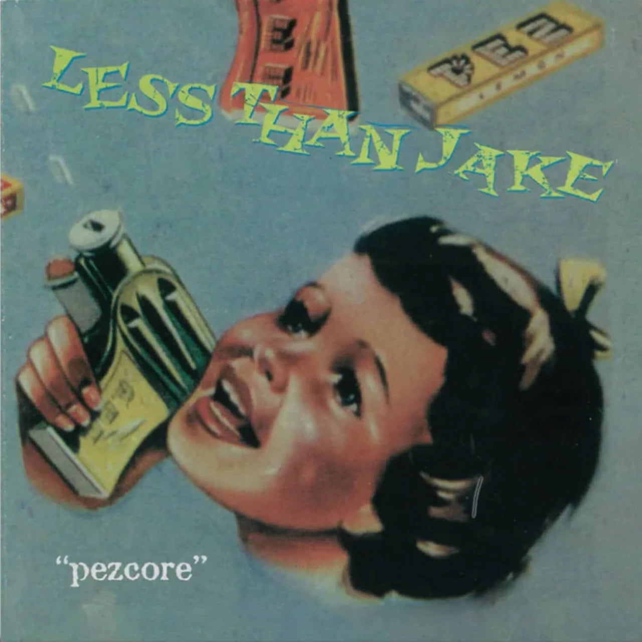 Vinyl cover art featuring a smiling child holding a Pez dispenser against blue background.
