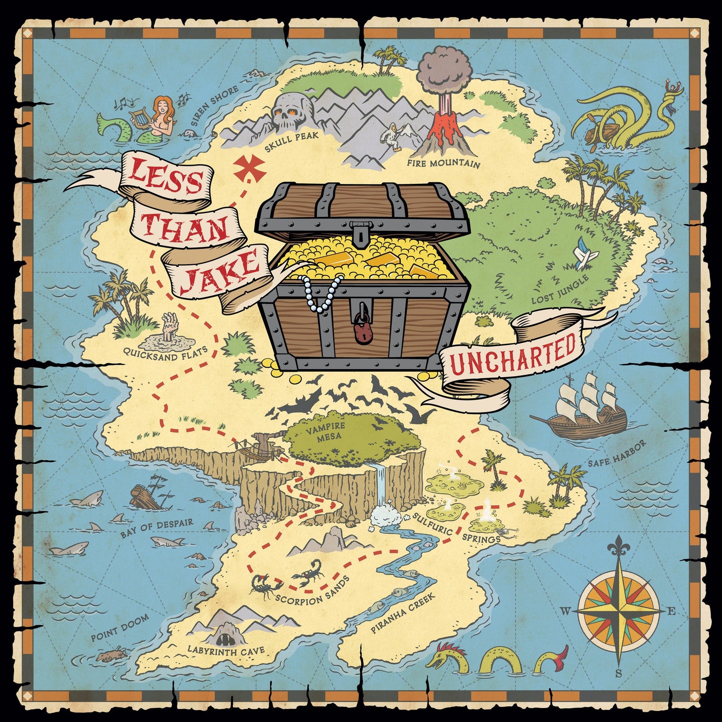 “Less Than Jake - Uncharted” CD cover: a colorful, illustrated treasure map.