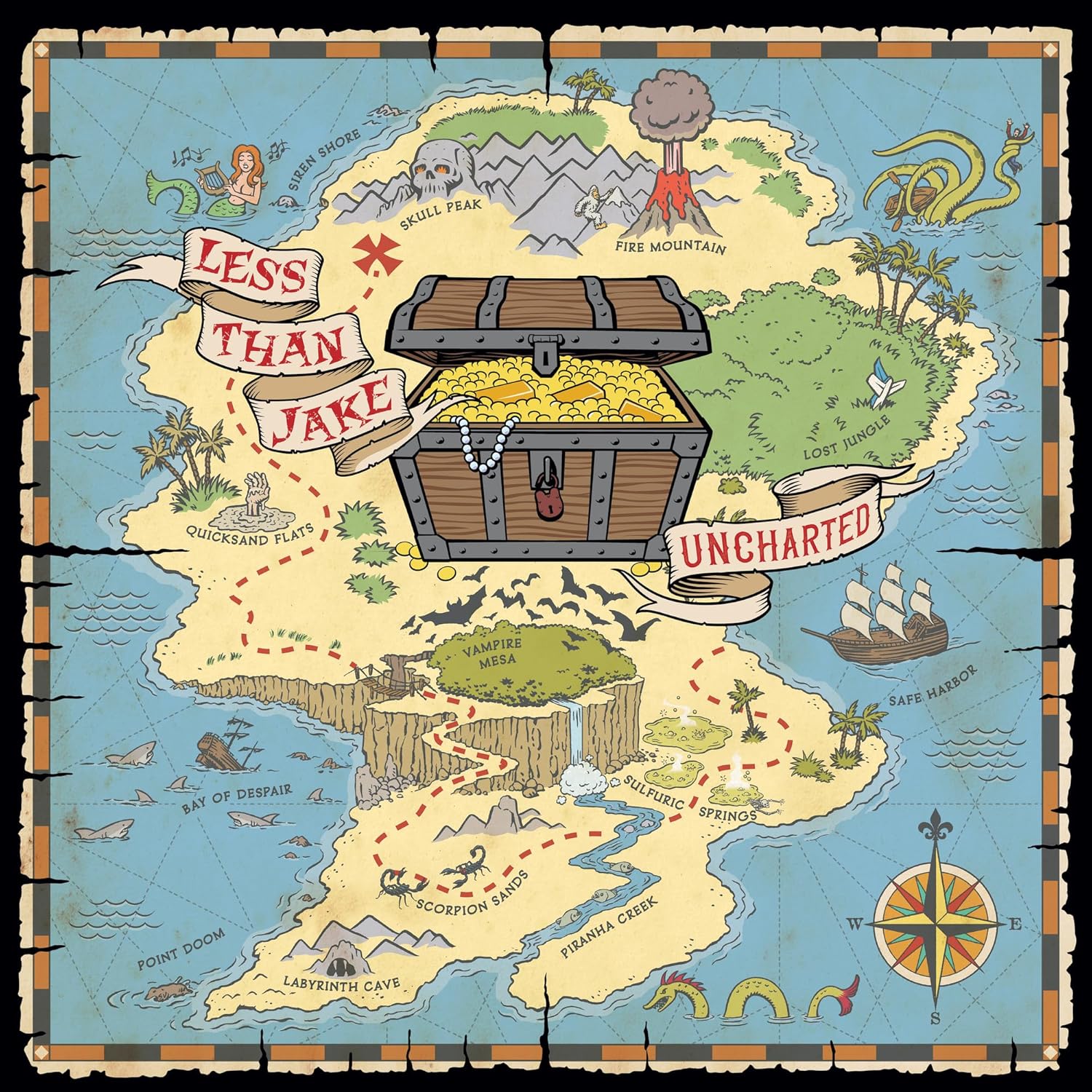 “Less Than Jake - Uncharted” vinyl album cover, a colorful illustrated treasure map.