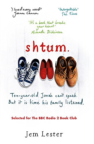 Book cover for “Shtum” featuring pairs of children’s and adult’s shoes.