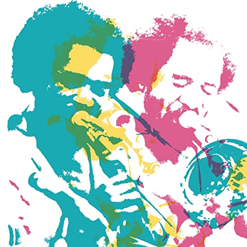 Colorful, abstract portrait of a man playing a saxophone.