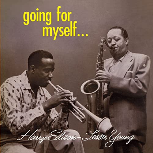 Lester Young and Harry Edison playing trumpet and saxophone, sepia tone.