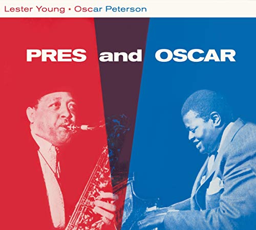 Album cover with red and blue split background, featuring two musicians.