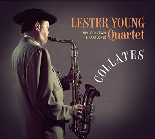 Man playing saxophone on album cover with title "Lester Young Quartet - Collates" in orange and white.