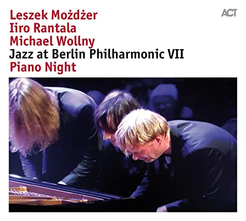 Jazz musicians playing pianos on stage, dark background, album cover.