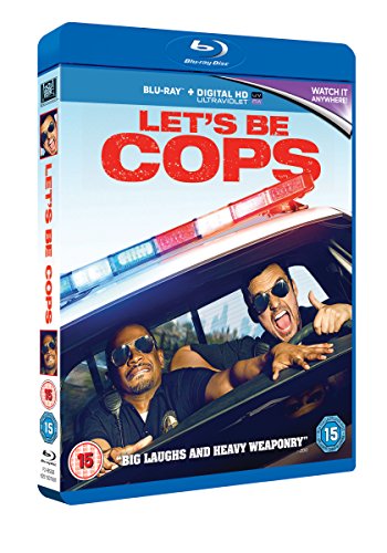 Let's Be Cops" Blu-ray case featuring two men in sunglasses leaning from a police car.