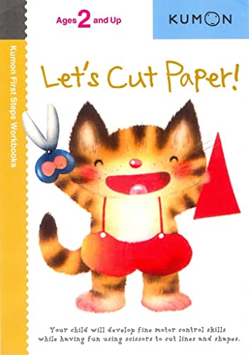Kumon Let's Cut Paper workbook cover featuring a cartoon cat holding scissors and paper.