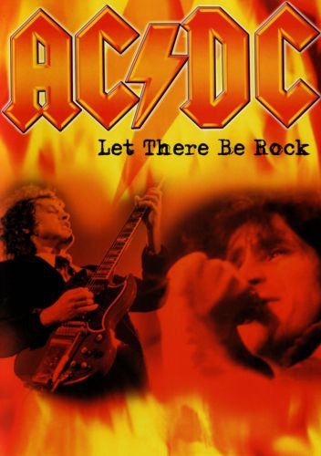 AC/DC “Let There Be Rock” DVD cover with musicians and flames.