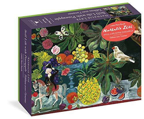 Colorful still life puzzle box featuring fruit, birds, and a rider on horseback.