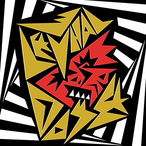 Abstract album cover with jagged yellow and red shapes on black and white.