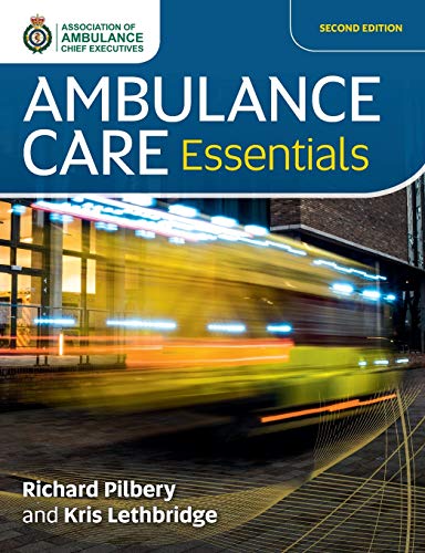 Book cover for Ambulance Care Essentials featuring a motion-blurred ambulance on a city street.