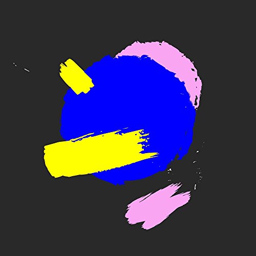 Abstract blue circle with yellow and pink brushstrokes on a black background.