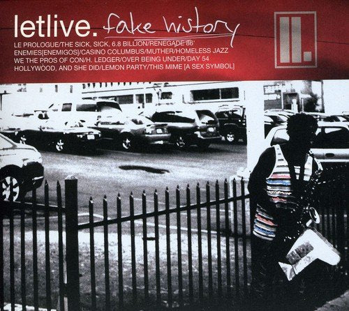 Album cover with a red banner, tracklist, and a black-and-white photo of a person.