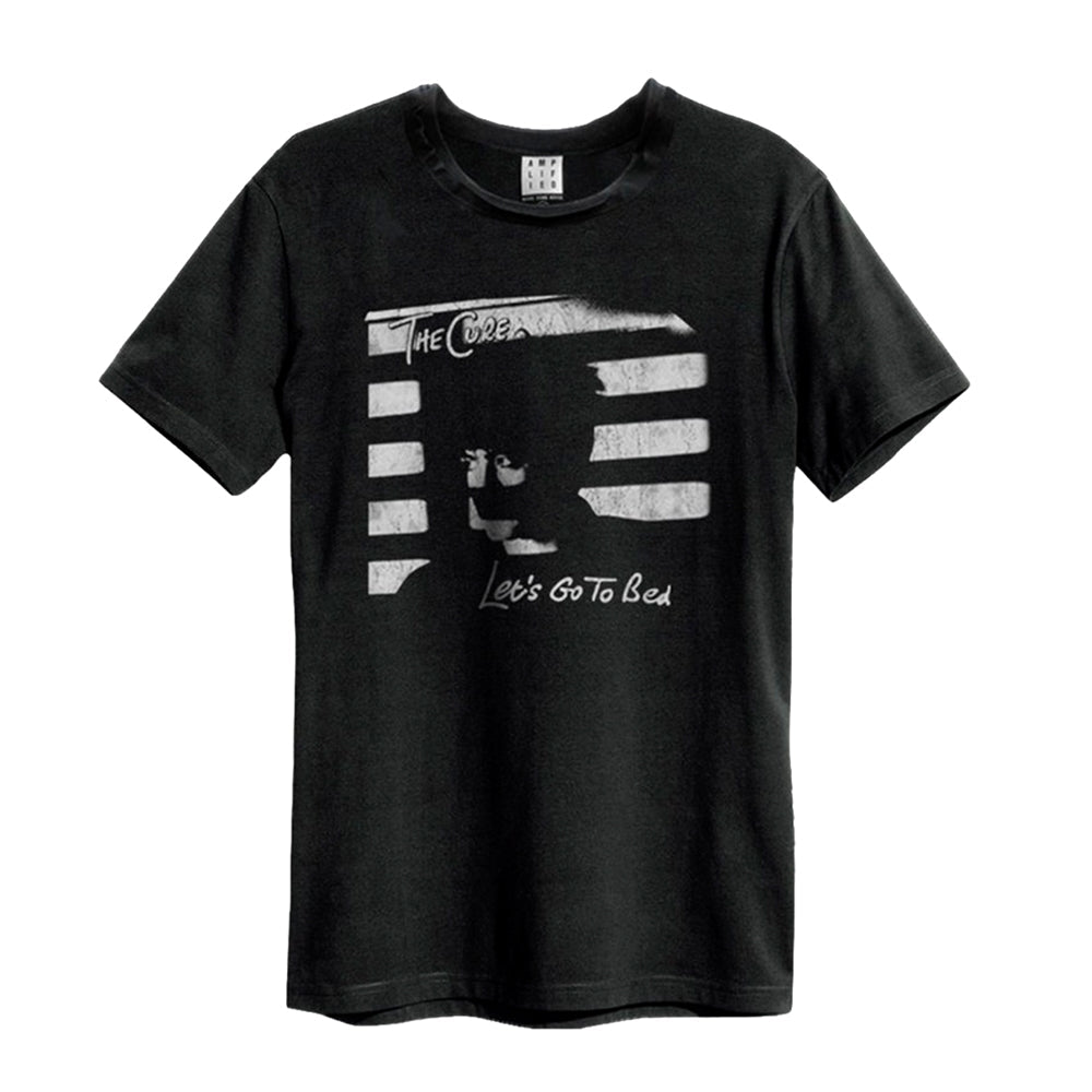 Black t-shirt with white graphic of a face and text "Let's Go To Bed".