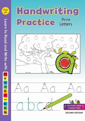 Handwriting practice book cover with letter 'a' tracing and apple illustration.