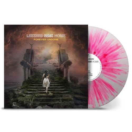 Vinyl record with pink and white swirl, album cover showing a figure on steps.