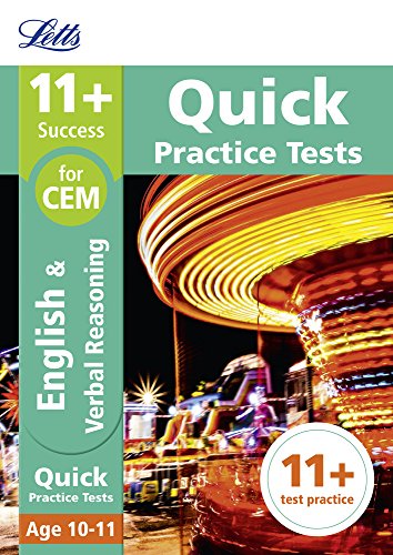 Book cover with “11+ Quick Practice Tests” text and blurred carnival lights.