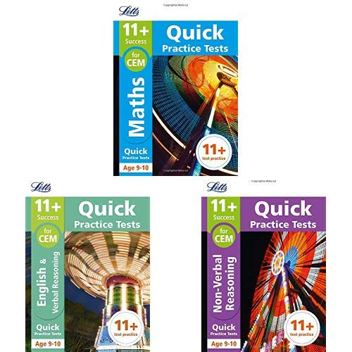 Three Letts 11+ practice test books for ages 9-10, colourful covers.