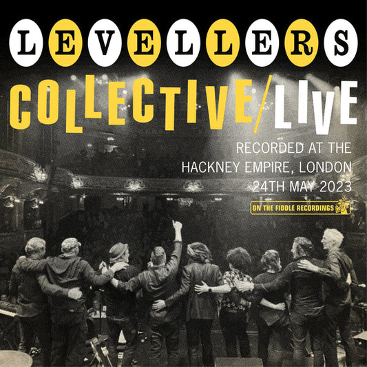 Levellers “Collective/Live” CD cover with band members embracing onstage.