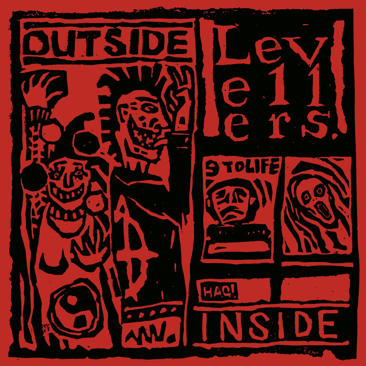 Red album cover for Levellers’ “Outside Inside” with distressed, graphic figures.