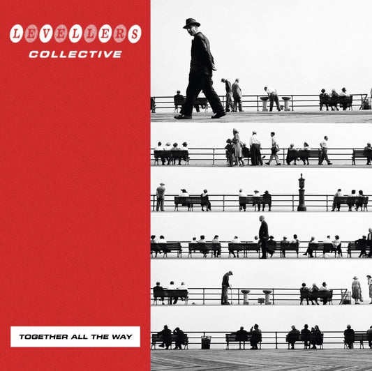 Red album cover with black and white pier scene and "Levellers" text.