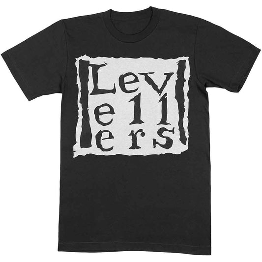 Black t-shirt with white “Levellers” band logo on the chest.
