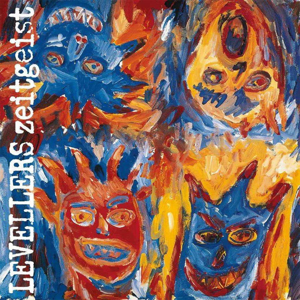 Album cover for Levellers’ Zeitgeist, abstract blue and yellow faces.