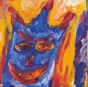 Abstract painting of a blue face with red and yellow accents.