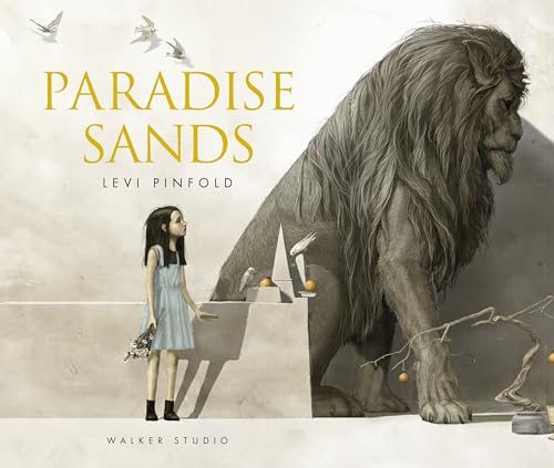Girl stands before a large lion in a surreal, sandy landscape.