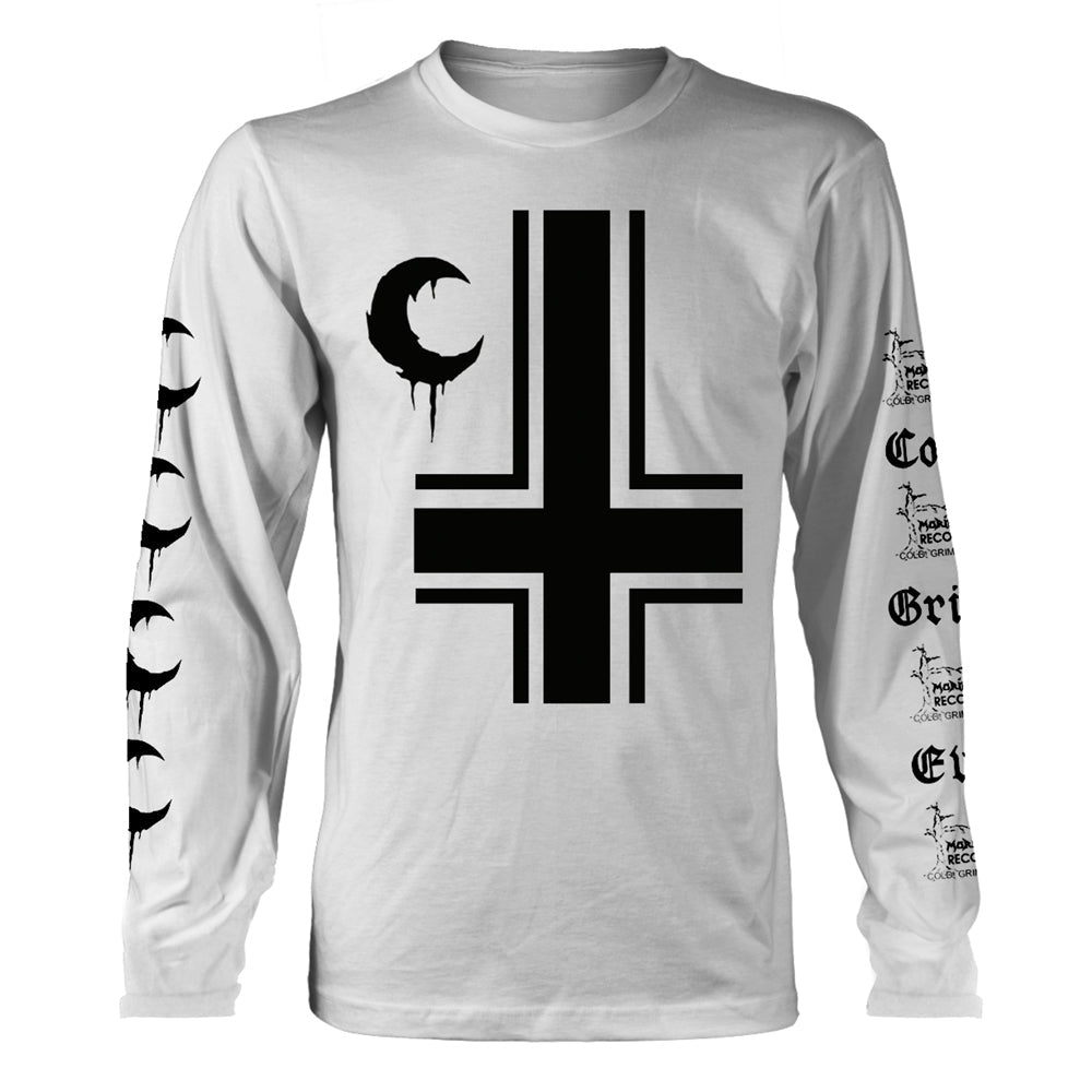 White long-sleeve shirt with black crescent moon and cross graphic.
