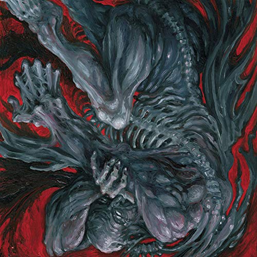 Dark, swirling abstract painting of monstrous figures against red.