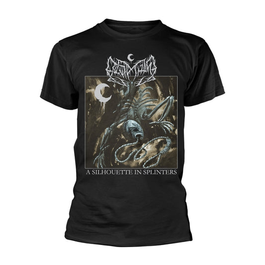 Black t-shirt with a graphic of a skeletal, alien-like creature.