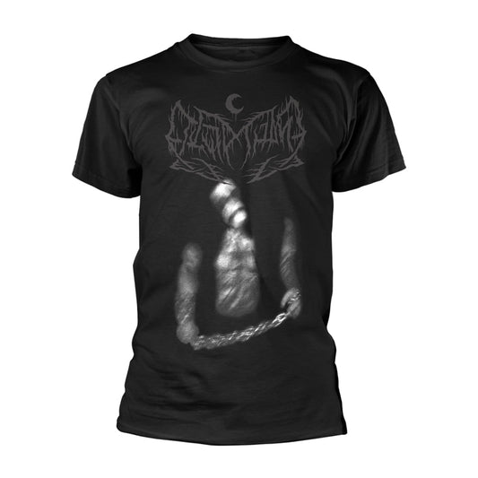 Black t-shirt with ornate white and gray graphic of a serpent and moon.