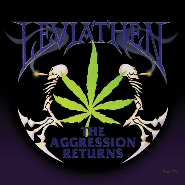 Leviathan album cover: skeletons, cannabis leaf, and purple, black design.
