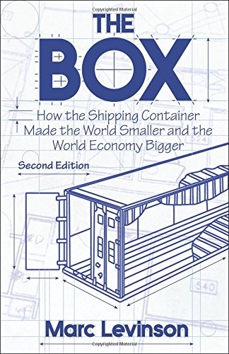 Book cover featuring a shipping container illustration and bold blue text.