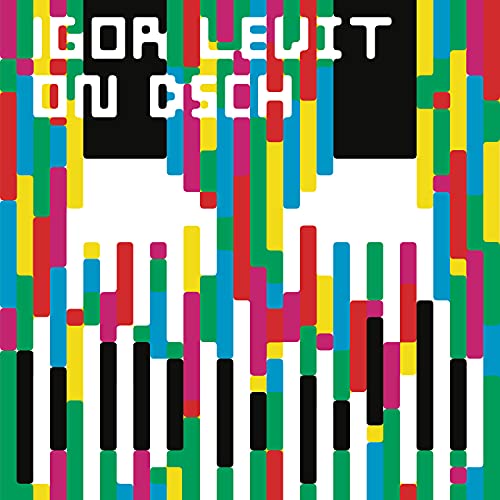 Album cover with colorful vertical bars, piano keys, and text Igor Levit On DSCH.