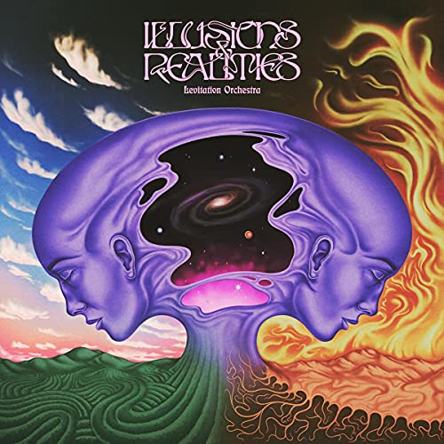 Album cover: two faces framing a galaxy, with landscape below.