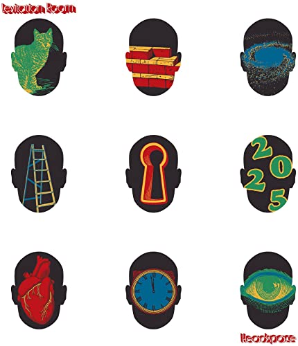 CD cover with nine black head-shaped panels displaying surreal imagery.