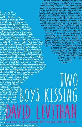 Book cover: “Two Boys Kissing” by David Levithan, blue with white text.