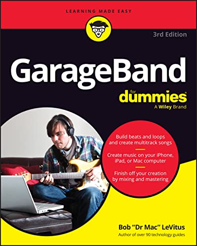 Book cover for GarageBand For Dummies featuring a person playing guitar with a laptop.