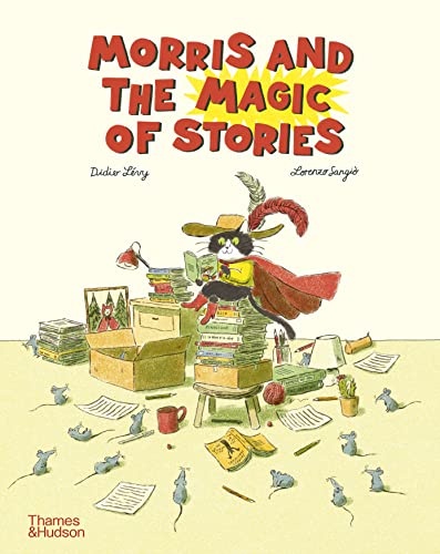 Cat in a red cape sits atop a tall stack of books, surrounded by mice.