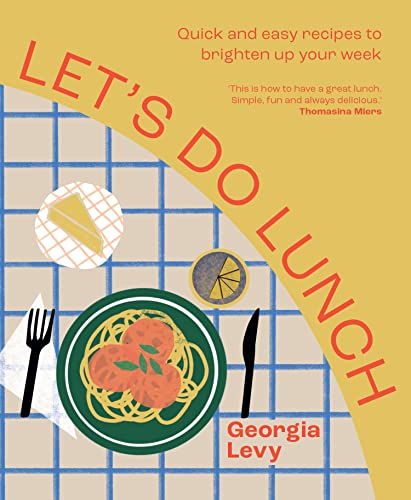 Cookbook cover with stylized illustrations of pasta, a sandwich, and cutlery on blue-grid.