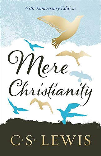 Book cover: "Mere Christianity" by C.S. Lewis with flying birds.