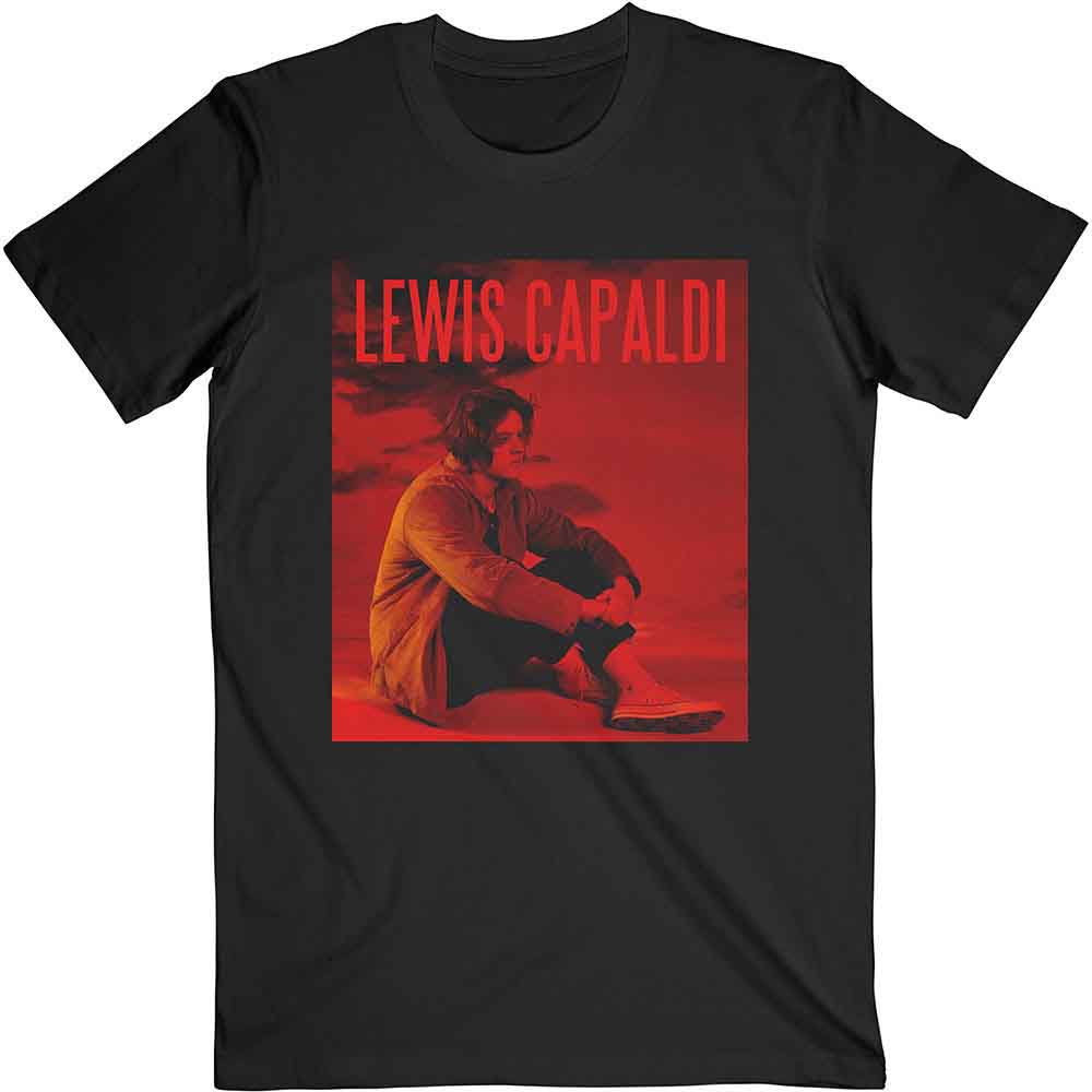 Black t-shirt with a red and white Lewis Capaldi portrait design.
