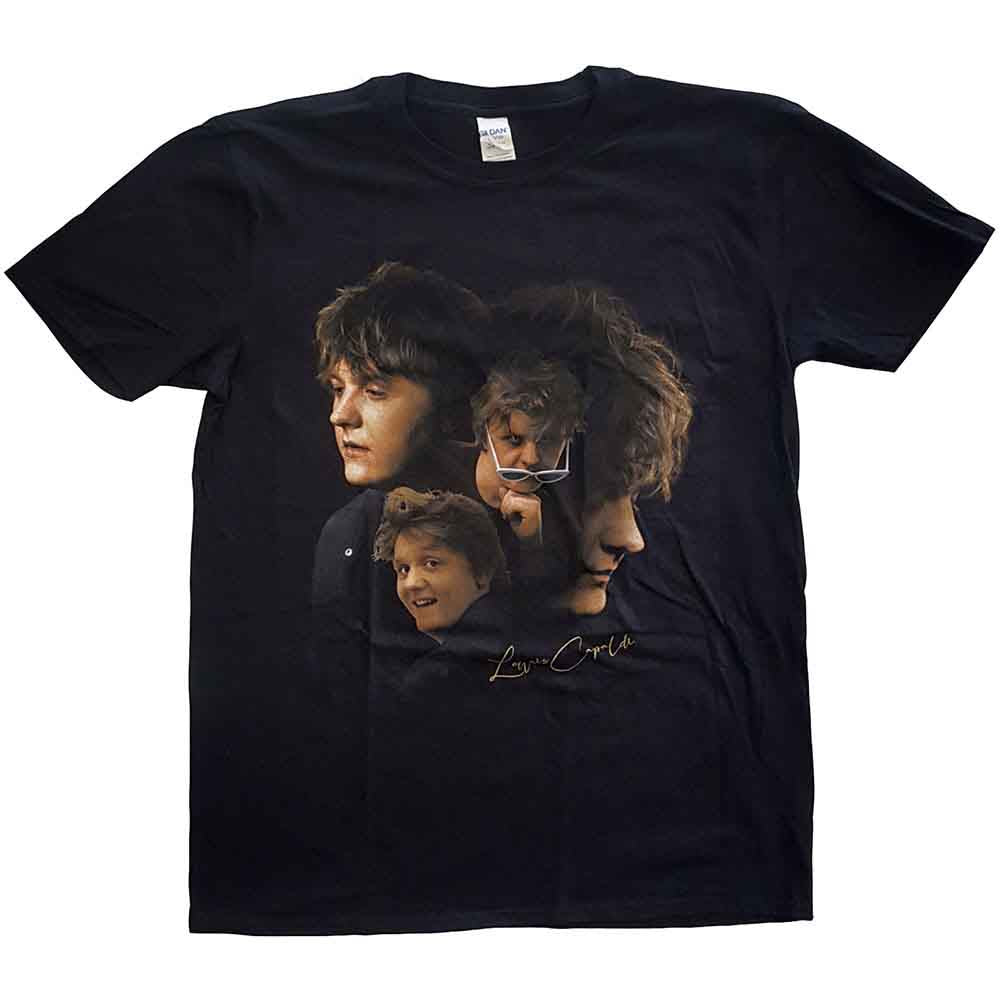 Black t-shirt with a photo montage of Lewis Capaldi’s face.